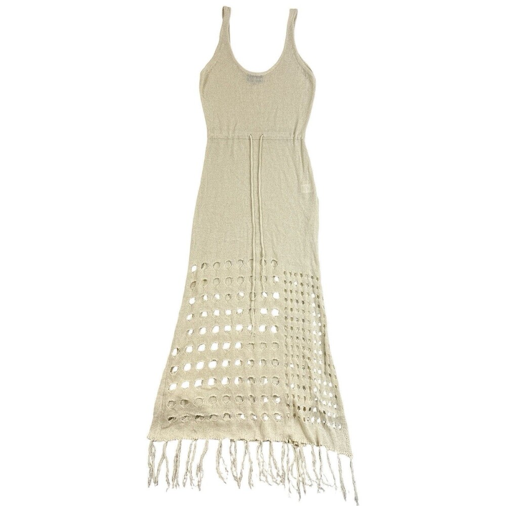 VICI Beige Open Knit Fringe Midi Dress Small Sleeveless Boho Beach Cover Up - Picture 2 of 8
